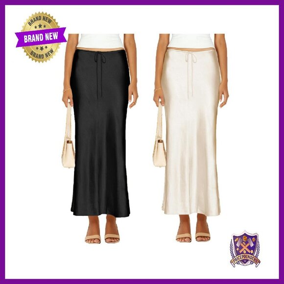 Satin Maxi Skirt Drawstring Waist A-Line Flowy Long Skirt Women's Size M
